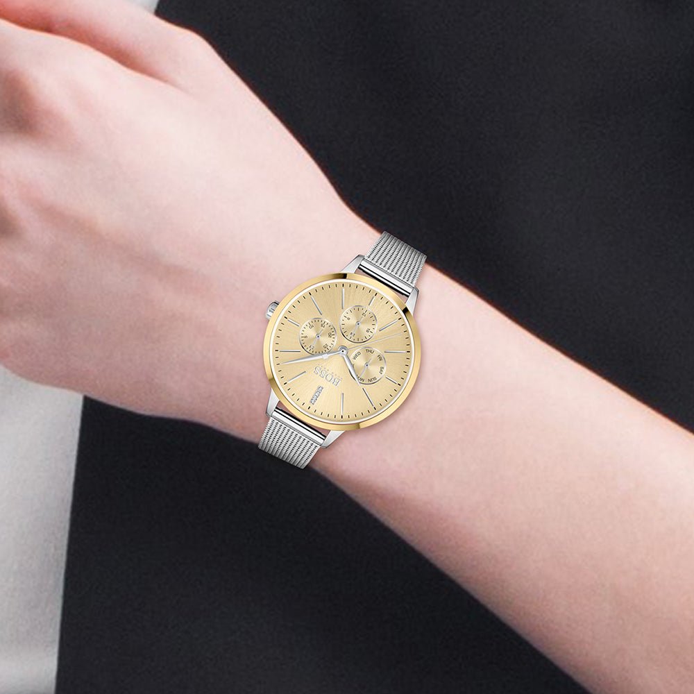  Shop Authentic Hugo Boss Symphony Gold Dial Silver Mesh Bracelet Watch for Women - 1502600 - Luxxuri