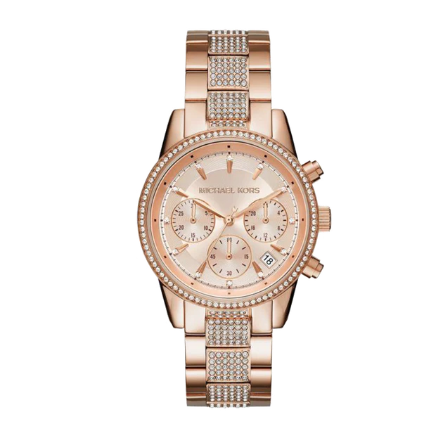  Shop Authentic Michael Kors Ritz Chronograph Rose Gold Dial Rose Gold Steel Strap Watch For Women - MK6485 - Luxxuri