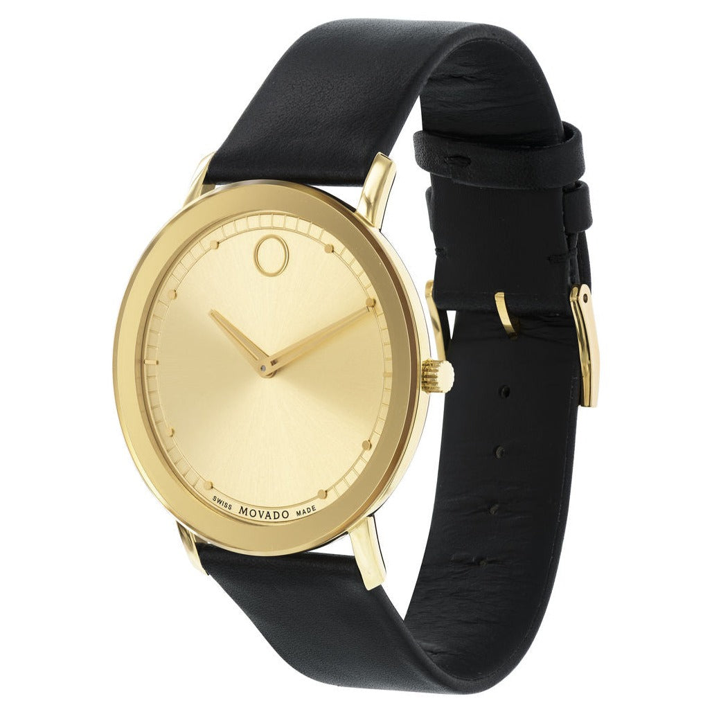  Shop Authentic Movado Sapphire Gold Dial Black Leather Strap Watch For Men - 606883 - Luxxuri