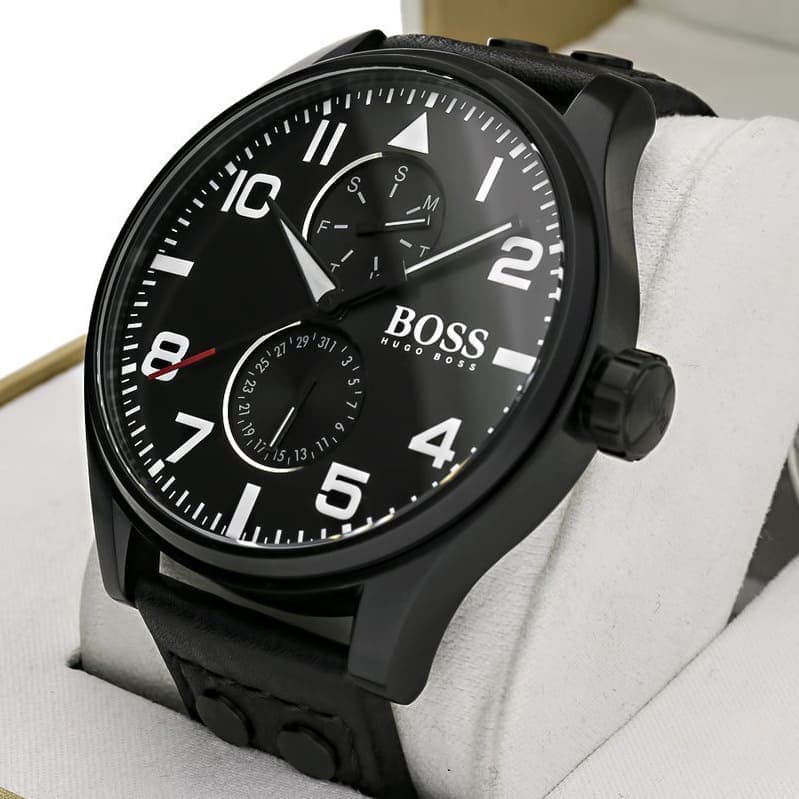  Shop Authentic Hugo Boss Aeroliner Black Dial Black Leather Strap Watch For Men - 1513083 - Luxxuri