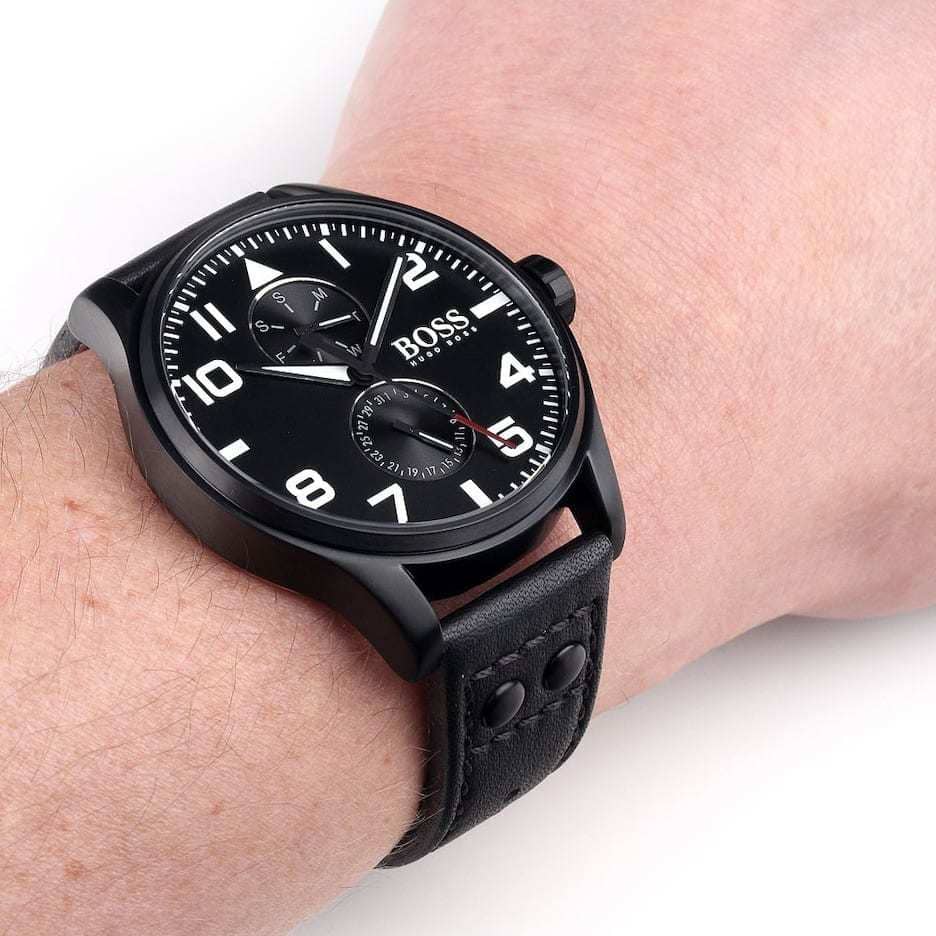  Shop Authentic Hugo Boss Aeroliner Black Dial Black Leather Strap Watch For Men - 1513083 - Luxxuri