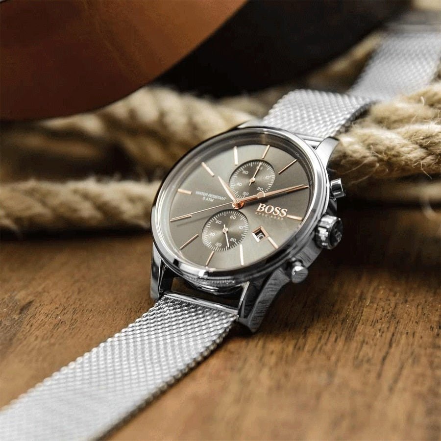  Shop Authentic Hugo Boss Jet Chronograph Grey Dial Silver Mesh Bracelet Watch for Men - 1513440 - Luxxuri