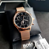  Shop Authentic Hugo Boss Companion Chronograph Black Dial Rose Gold Steel Strap Watch For Men - 1513548 - Luxxuri