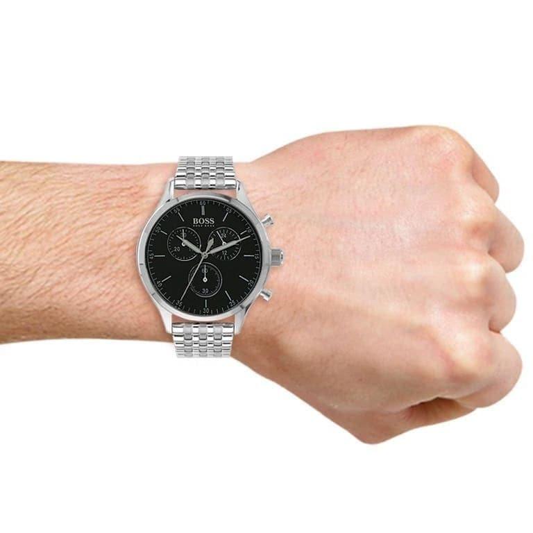 Hugo Boss Companion Black Dial Silver Steel Strap Watch for Men - 1513652