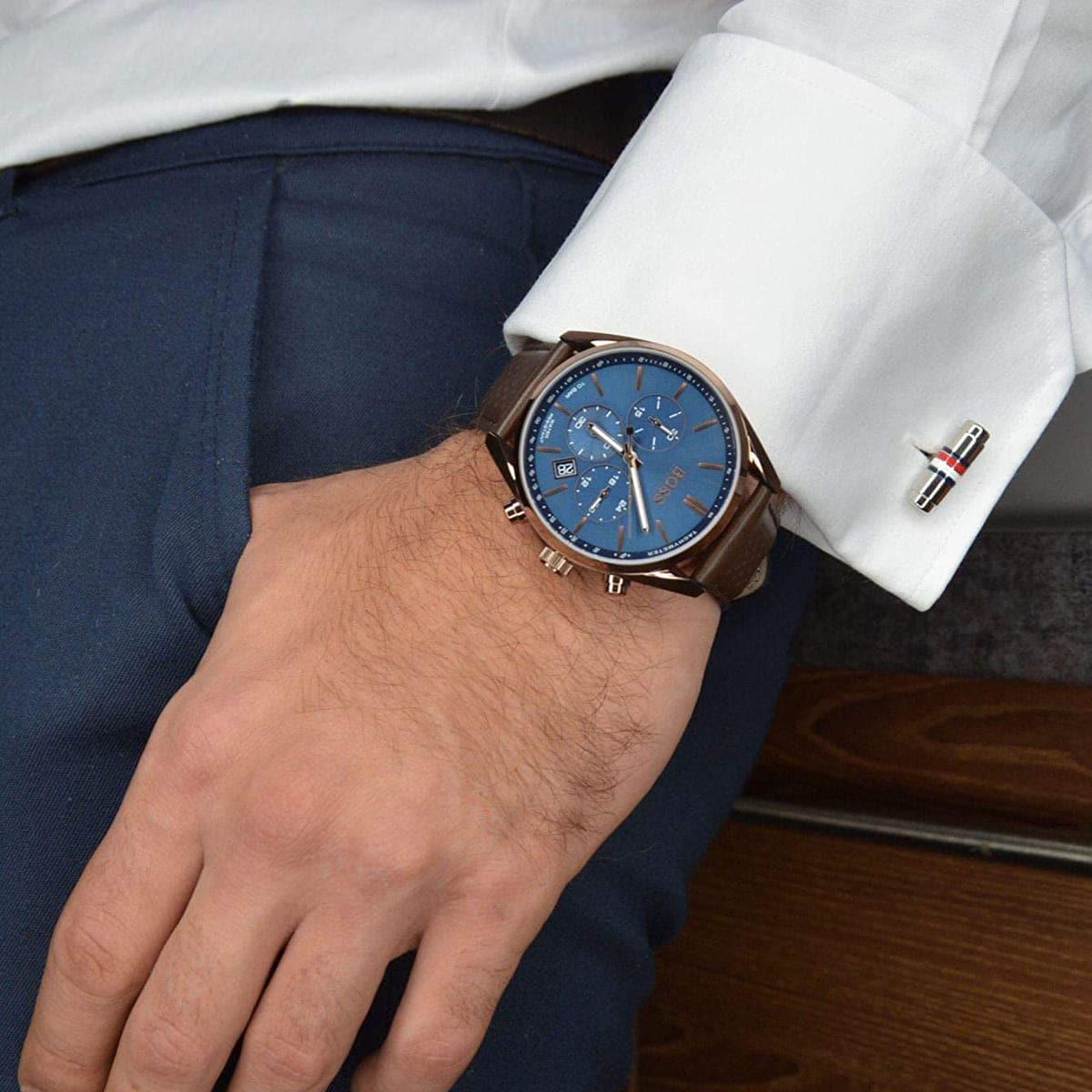  Shop Authentic Hugo Boss Champion Blue Dial Brown Leather Strap Watch for Men - 1513817 - Luxxuri