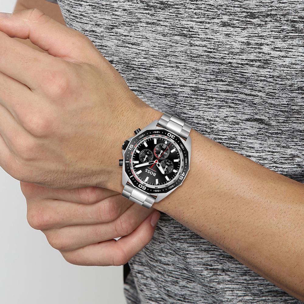  Shop Authentic Hugo Boss Energy Chronograph Black Dial Silver Steel Strap Watch For Men - 1513971 - Luxxuri