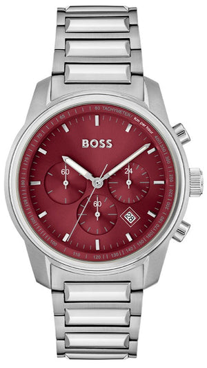 Shop Authentic Hugo Boss Trace Chronograph Red Dial Silver Steel Strap Watch For Men - 1514004 - Luxxuri