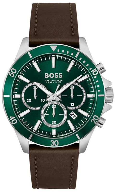  Shop Authentic Hugo Boss Troper Chronograph Green Dial Brown Leather Strap Watch For Men - 1514098 - Luxxuri