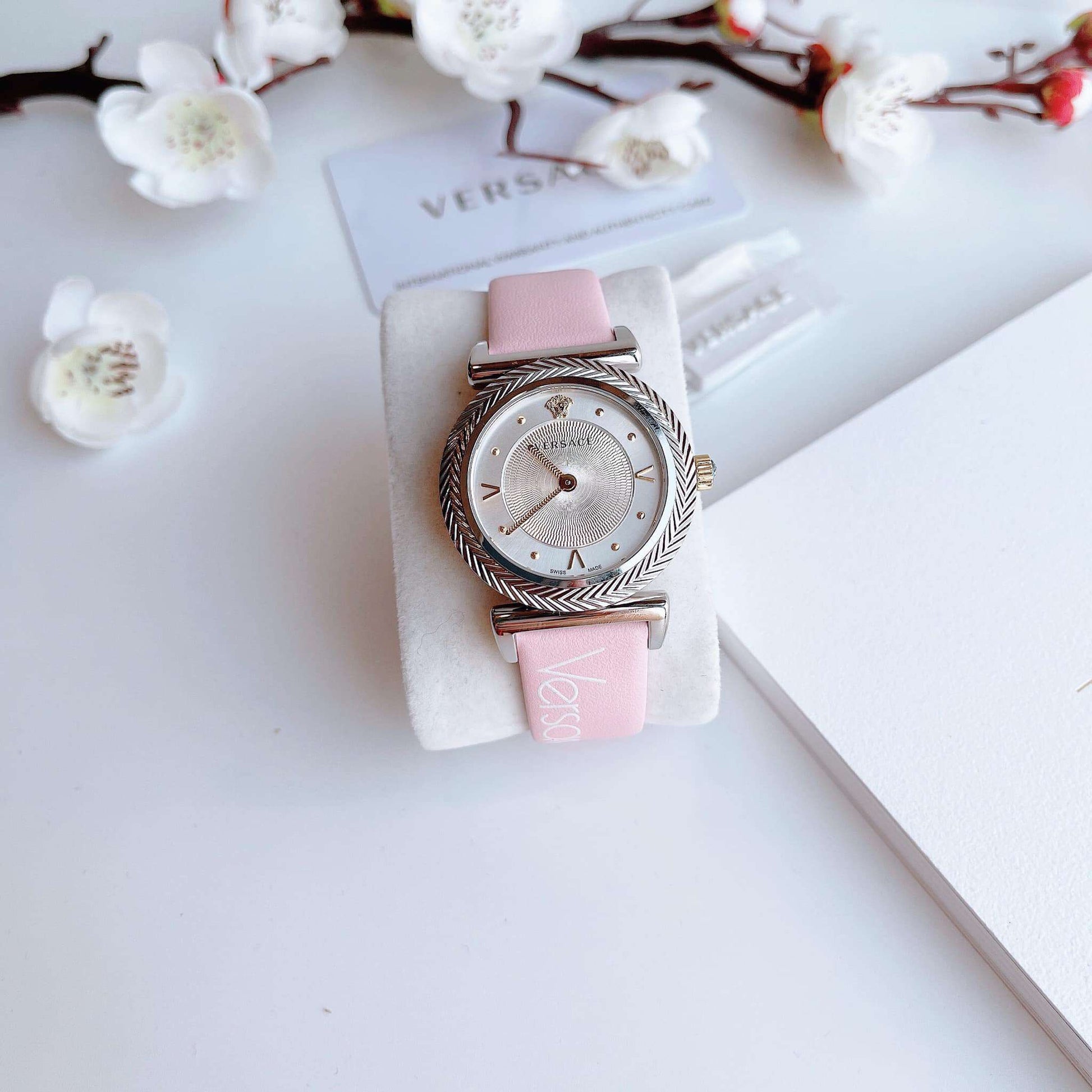  Shop Authentic Versace V-Motif Silver Dial Pink Leather Strap Watch for Women - VERE00118 - Luxxuri
