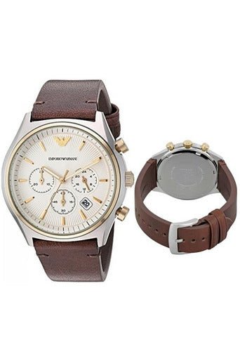 Emporio Armani Chronograph White Dial Brown Leather Strap Watch For Men - AR11033