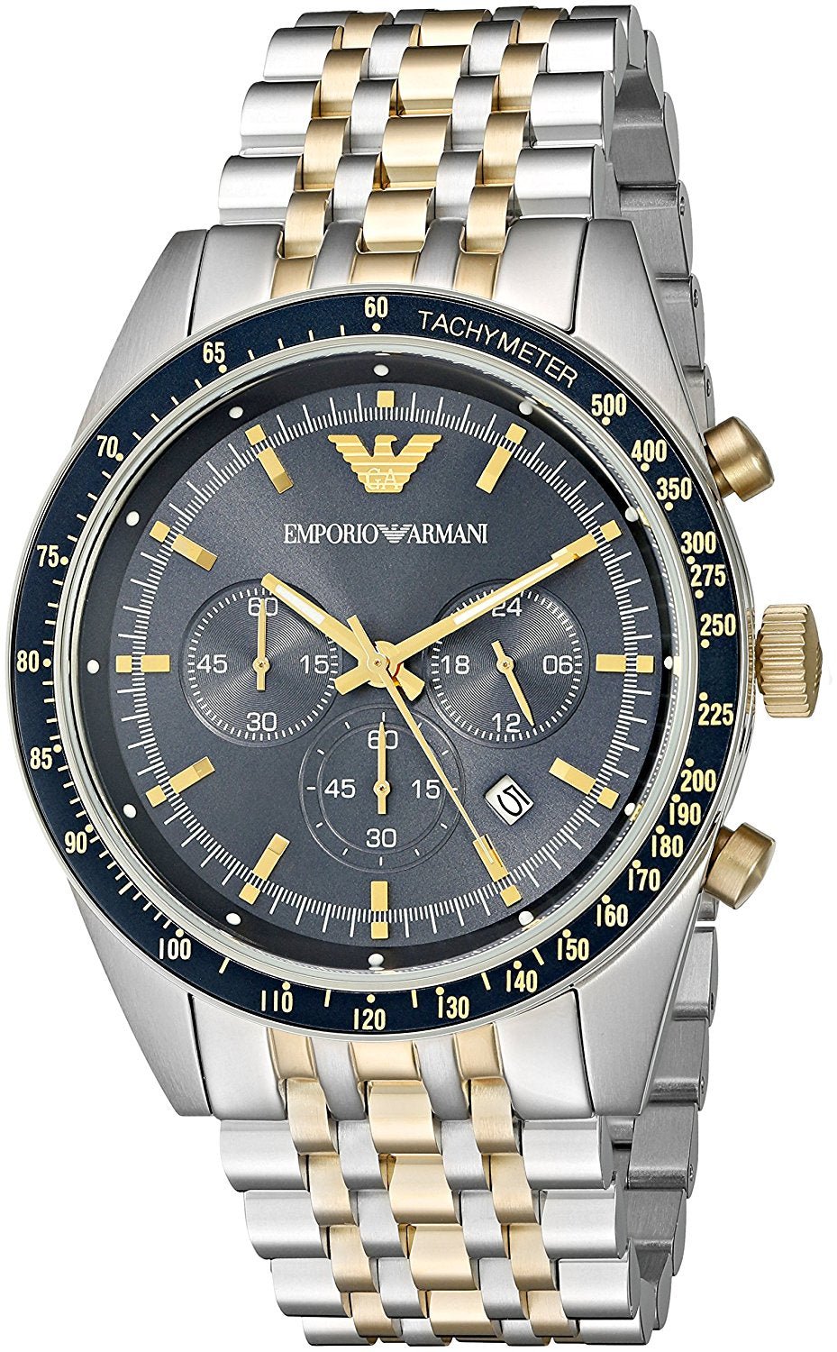  Shop Authentic Emporio Armani Tazio Chronograph Blue Dial Gold & Silver Stainless Steel Strap Watch For Men - AR8030 - Luxxuri
