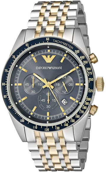  Shop Authentic Emporio Armani Tazio Chronograph Blue Dial Gold & Silver Stainless Steel Strap Watch For Men - AR8030 - Luxxuri