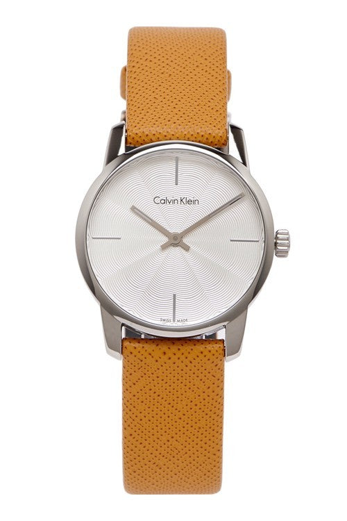  Shop Authentic Calvin Klein City Silver Dial Orange Leather Strap Watch for Women - K2G231G6 - Luxxuri