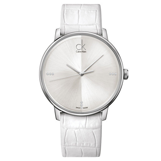 Shop Authentic Calvin Klein Accent Silver Dial White Leather Strap Watch for Men - K2Y2X1KW - Luxxuri