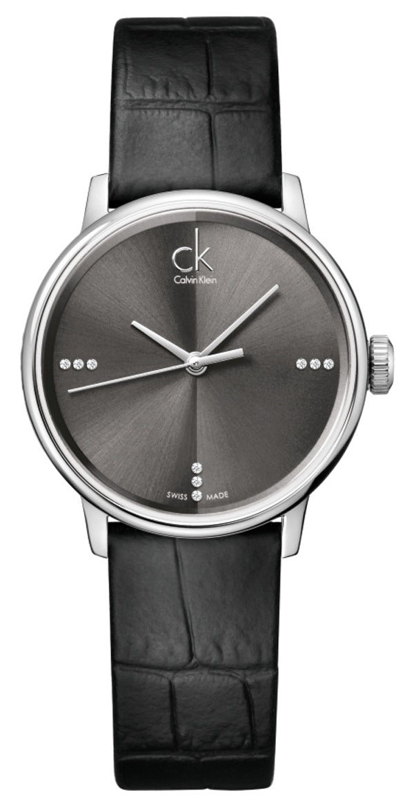  Shop Authentic Calvin Klein Grey Dial Black Leather Strap Watch for Women - K2Y2Y1CU - Luxxuri