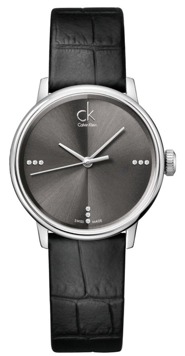  Shop Authentic Calvin Klein Grey Dial Black Leather Strap Watch for Women - K2Y2Y1CU - Luxxuri