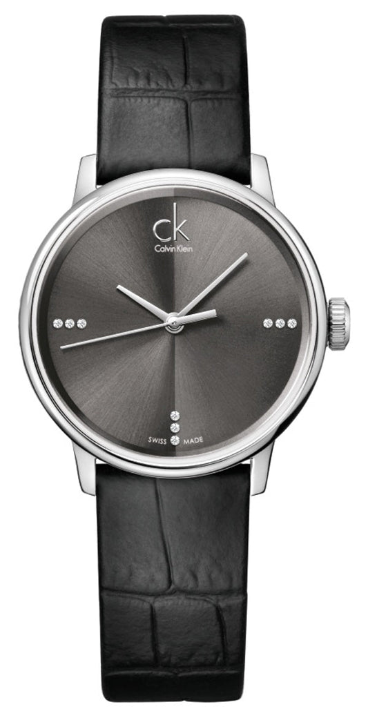  Shop Authentic Calvin Klein Grey Dial Black Leather Strap Watch for Women - K2Y2Y1CU - Luxxuri
