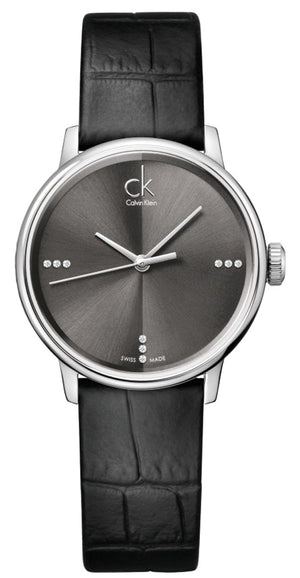  Shop Authentic Calvin Klein Grey Dial Black Leather Strap Watch for Women - K2Y2Y1CU - Luxxuri