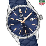  Shop Authentic Tag Heuer Carrera Quartz Diamonds Blue Dial Blue Leather Strap Watch for Women - WAR1114.FC6391 - Luxxuri