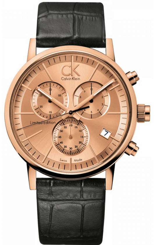  Shop Authentic Calvin Klein Post Minimal Chronograph Rose Gold Dial Black Leather Strap Watch for Men - K7627201 - Luxxuri