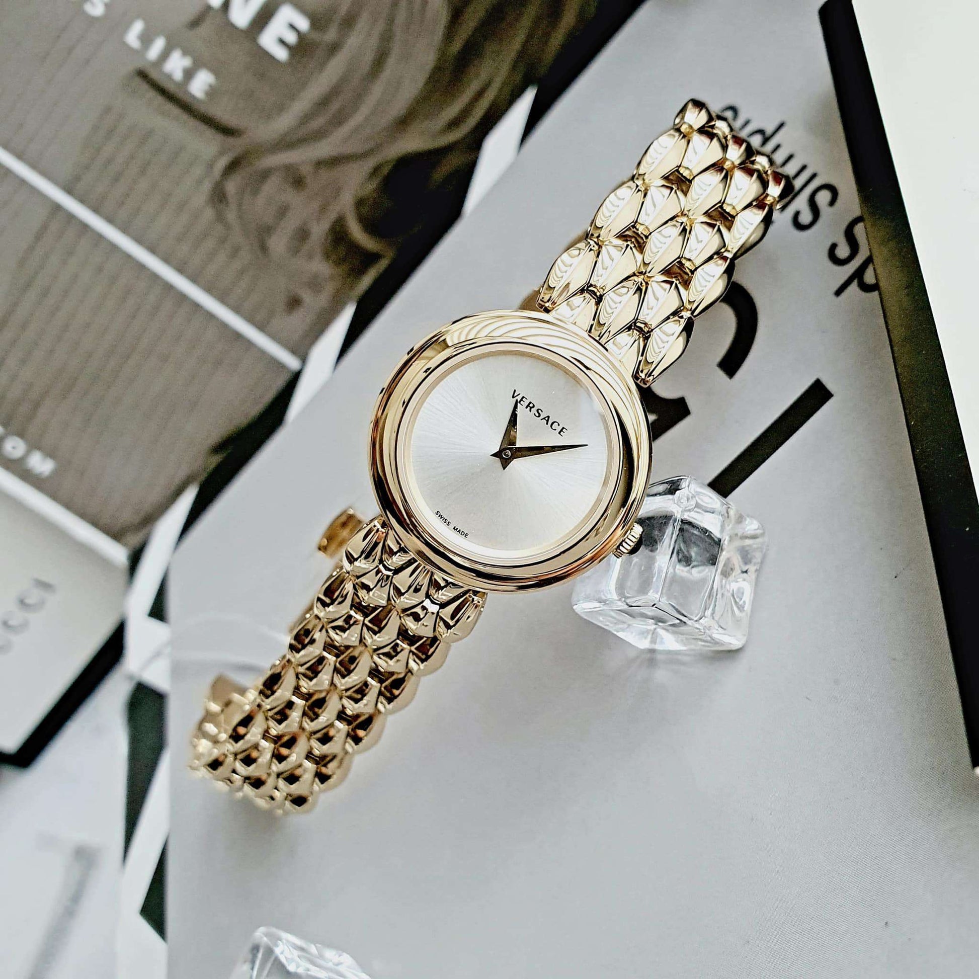  Shop Authentic Versace V-Flare Quartz Silver Dial Gold Steel Strap Watch for Women - VEBN00718 - Luxxuri