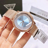  Shop Authentic Guess Willow Crystal Blue Dial Rose Gold Mesh Bracelet Watch For Women - W0836L1 - Luxxuri