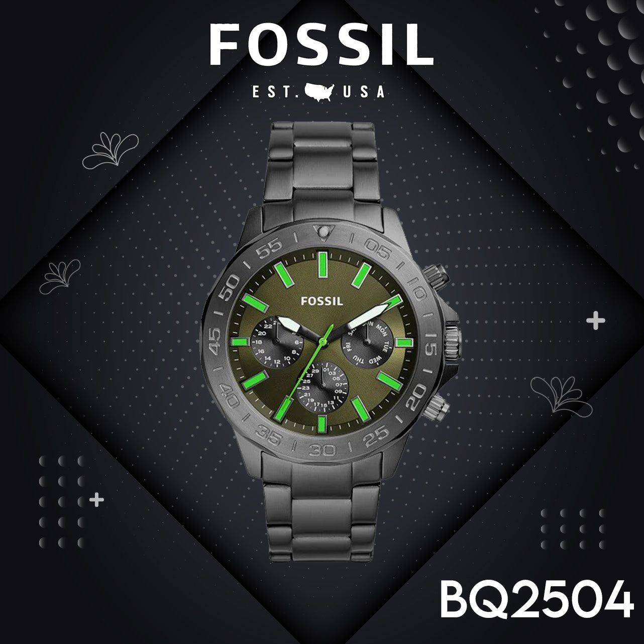  Shop Authentic Fossil Bannon Multifunction Chronograph Green Dial Grey Steel Strap Watch for Men - BQ2504 - Luxxuri