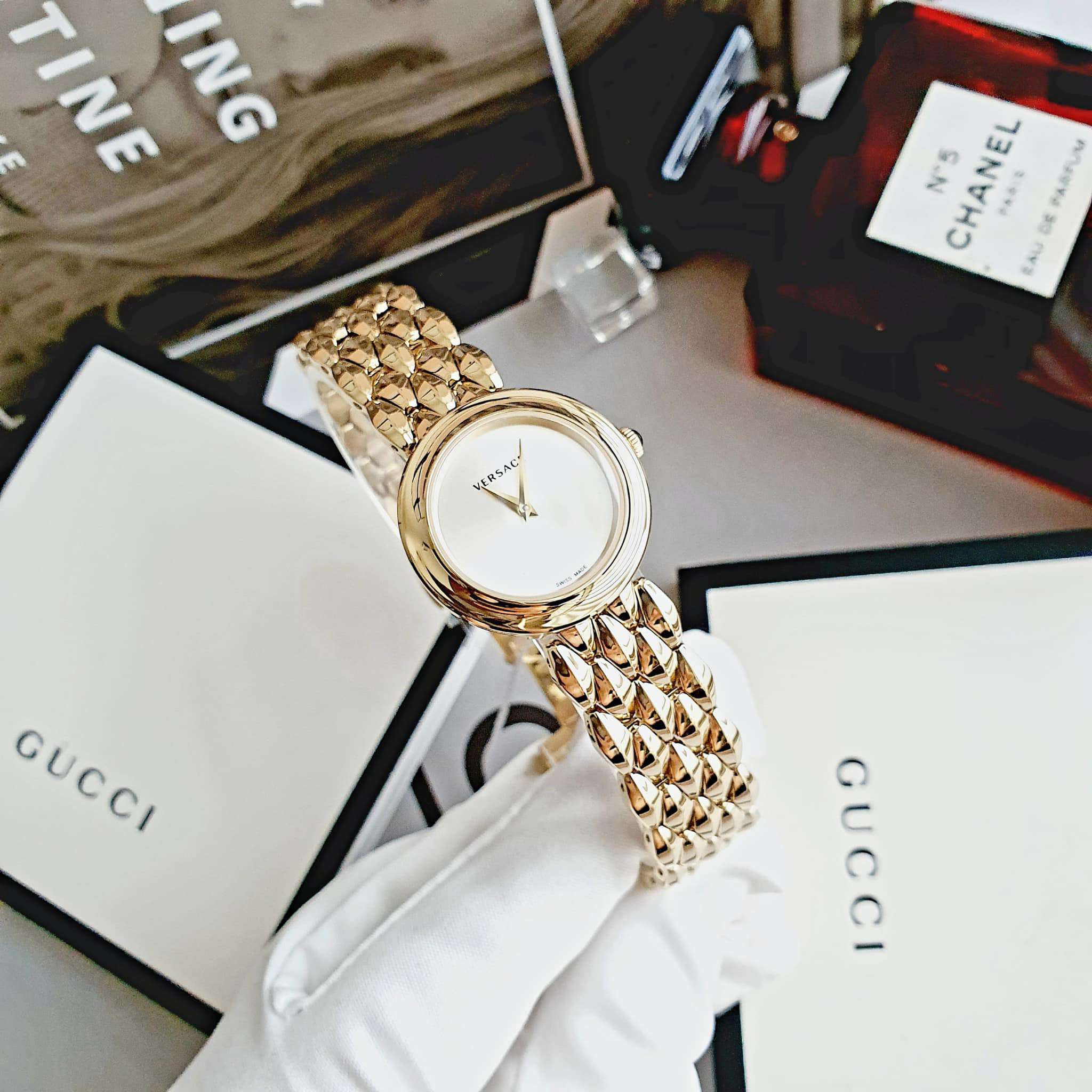 Versace V-Flare Quartz Silver Dial Gold Steel Strap Watch for Women - VEBN00818