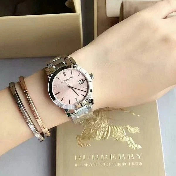  Shop Authentic Burberry The City Pink Dial Silver Steel Strap Watch for Women - BU9124 - Luxxuri