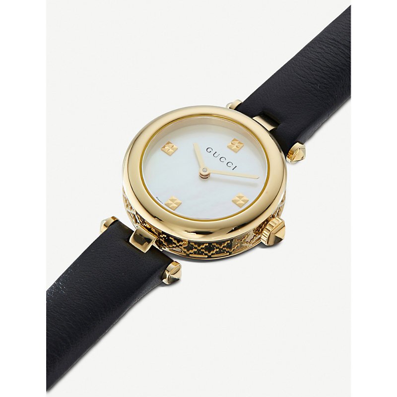  Shop Authentic Gucci Diamantissima Mother of Pearl Dial Black Leather Strap Watch For Women - YA141505 - Luxxuri