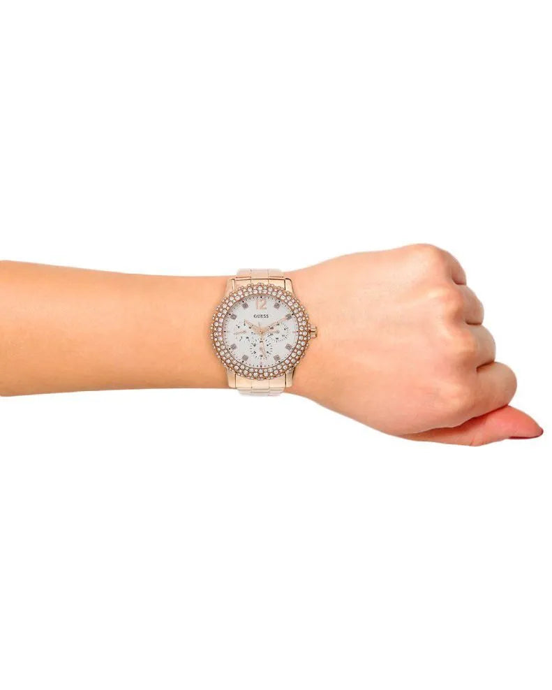  Shop Authentic Guess Dazzler Diamonds Silver Dial Rose Gold Steel Strap Watch for Women - W0335L3 - Luxxuri