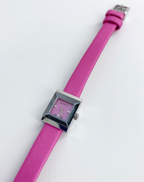  Shop Authentic Gucci G-Frame Square Fuchsia Mother of Pearl Dial Fuchsia Leather Strap Watch For Women - YA128533 - Luxxuri