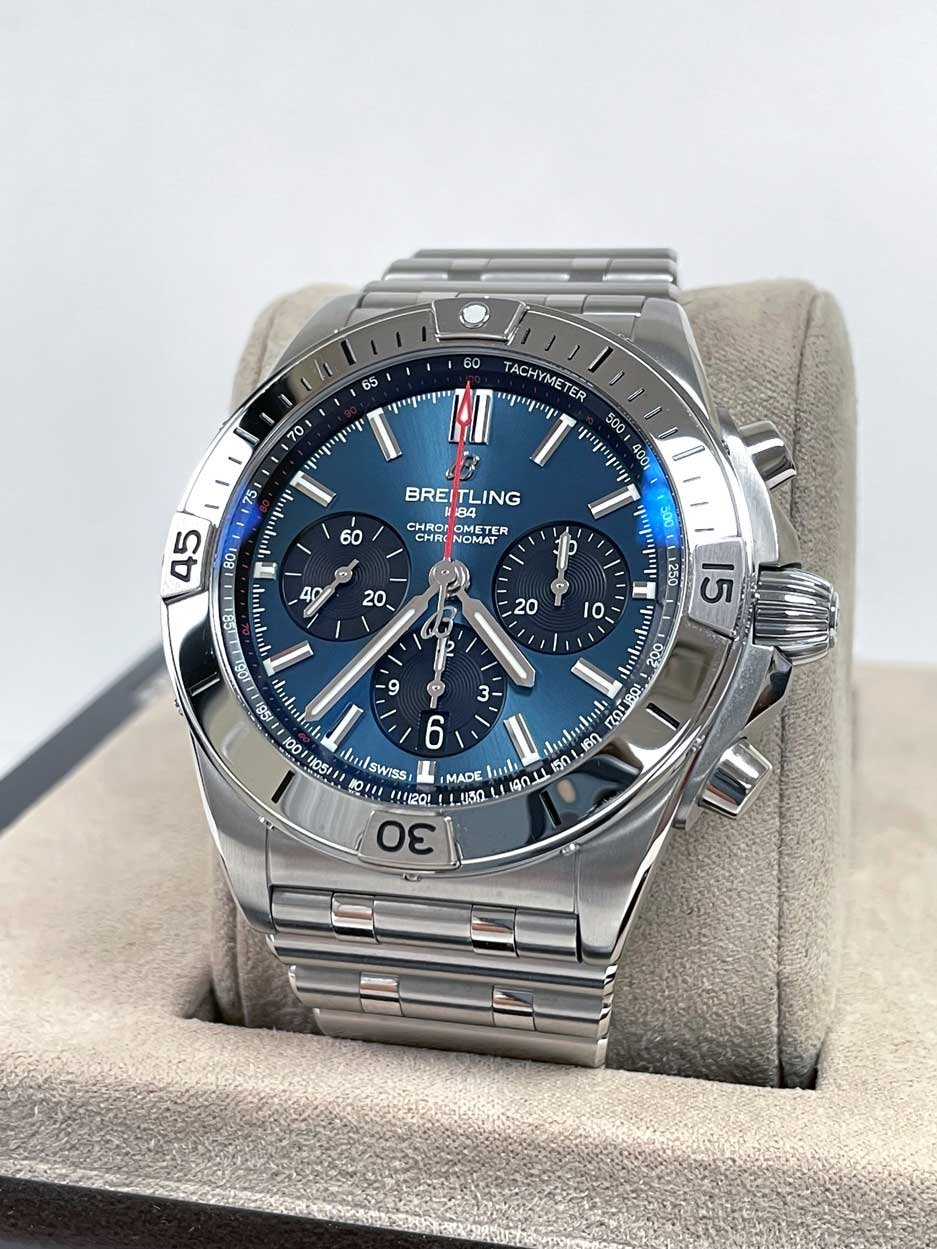  Shop Authentic Breitling Chronomat B01 42mm Blue Dial Silver Steel Strap Watch for Men - AB0134101C1A1 - Luxxuri