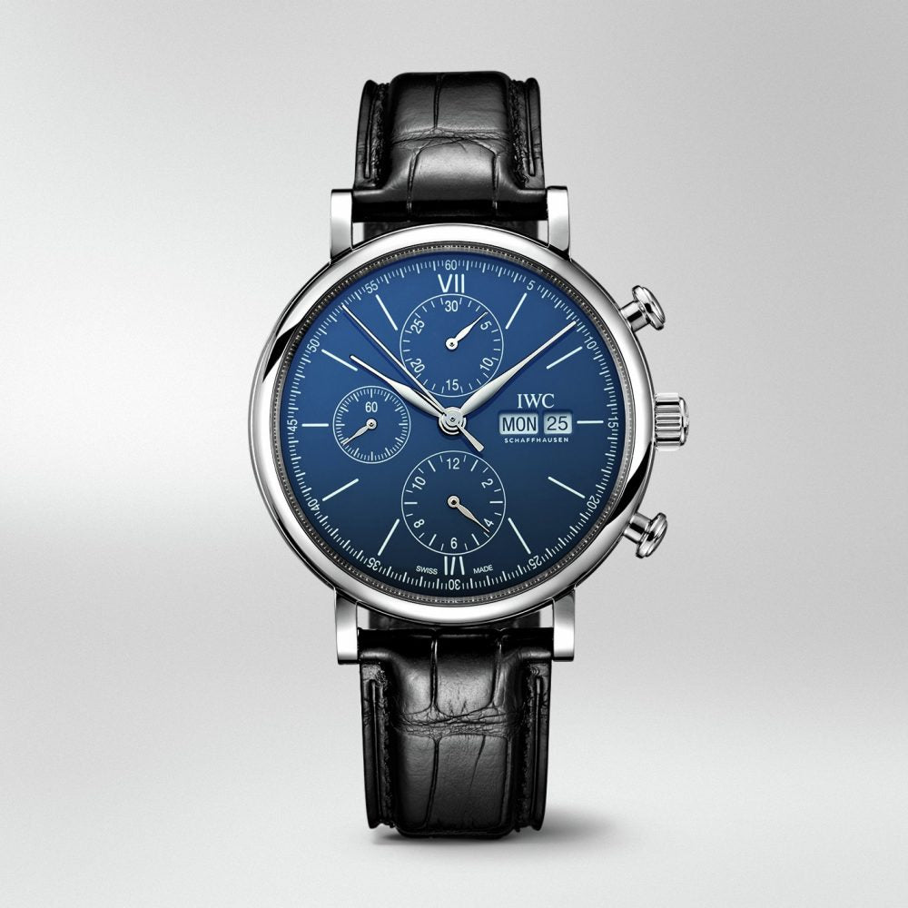  Shop Authentic IWC Portofino Chronograph Blue Dial Black Leather Strap Watch for Men - IW391023 - Luxxuri
