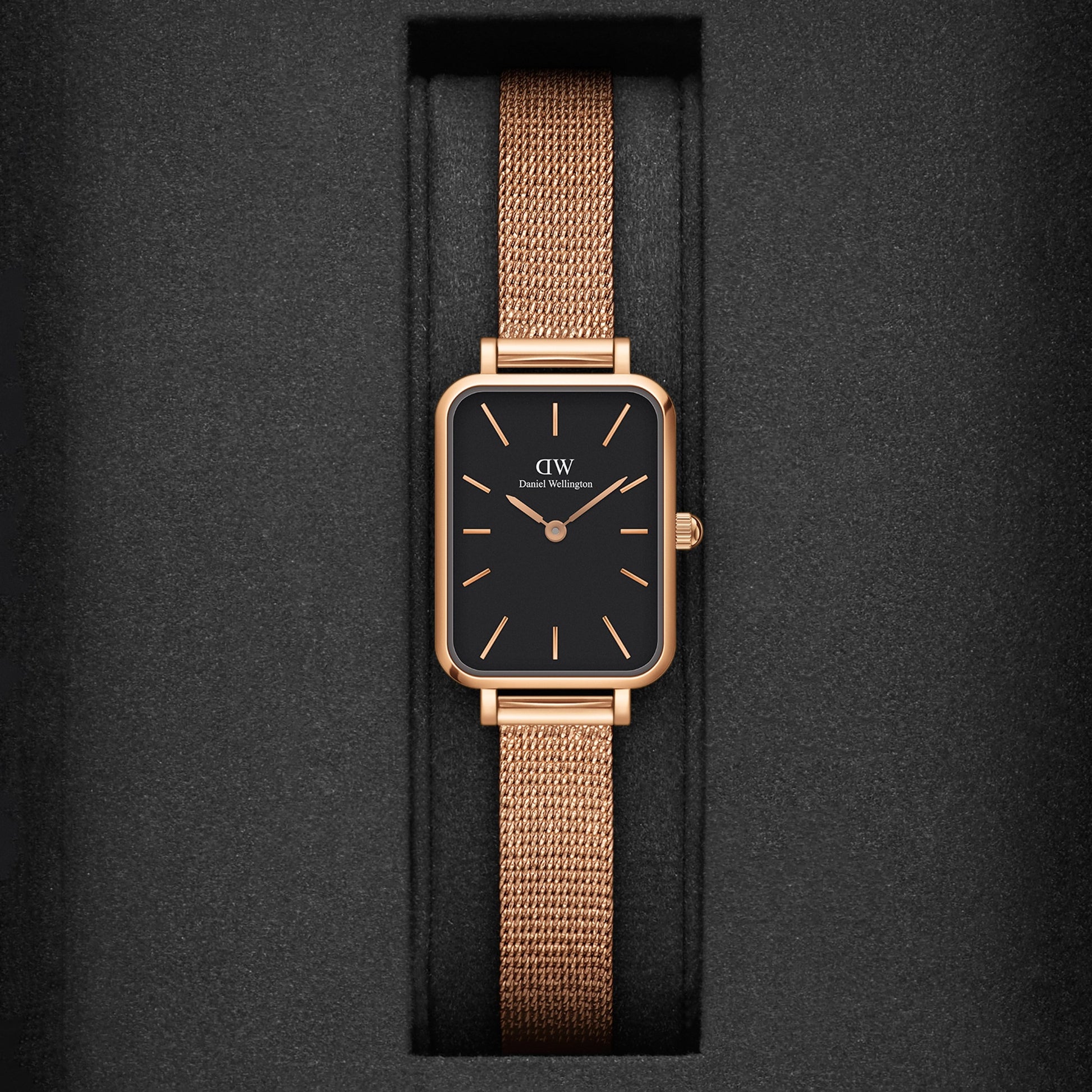  Shop Authentic Daniel Wellington Quadro Melrose Black Dial Rose Gold Mesh Bracelet Watch For Women - DW00100432 - Luxxuri