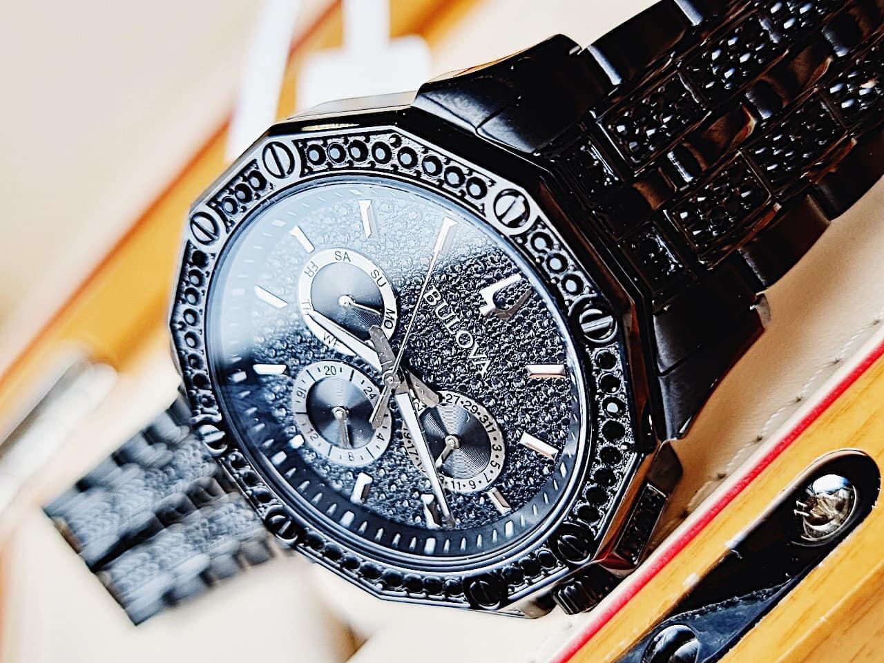  Shop Authentic Bulova Octova Chronograph Black Crystal Dial Black Steel Strap Watch for Men - 98C134 - Luxxuri