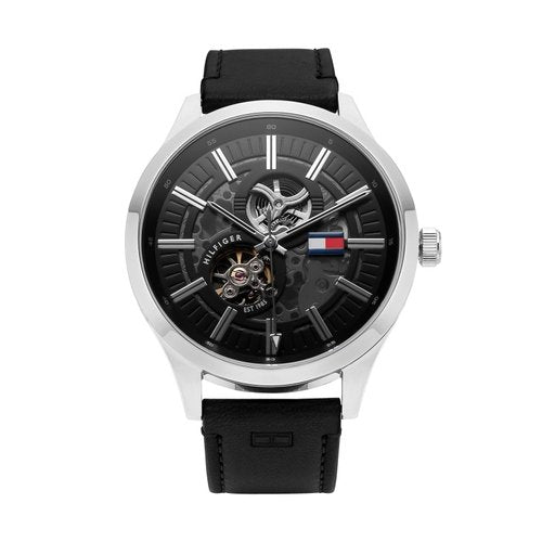  Shop Authentic Tommy Hilfiger Spencer Skeleton Black Dial Black Leather Strap Watch for Men - 1791641 - Luxxuri
