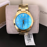  Shop Authentic Michael Kors Slim Runway Blue Mother of Pearl Dial Gold Steel Strap Watch for Women - MK3492 - Luxxuri