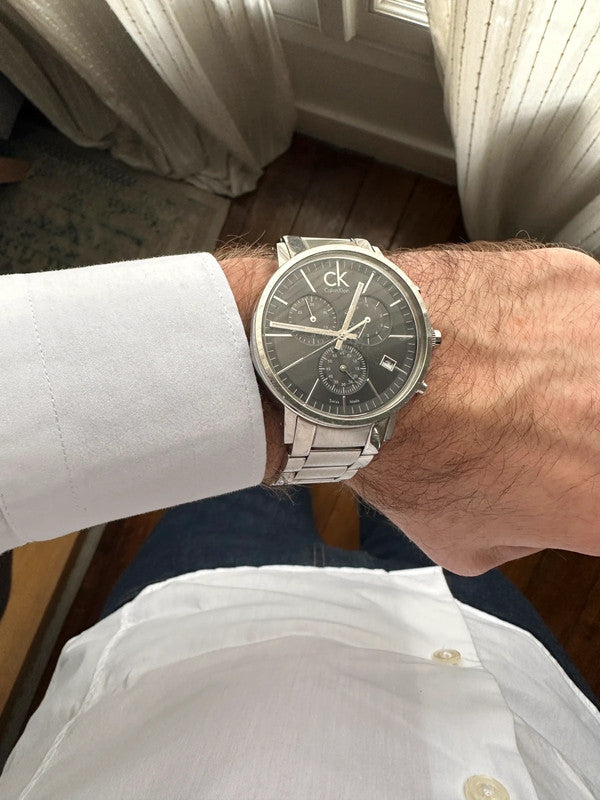  Shop Authentic Calvin Klein Post Minimal Chronograph Black Dial Silver Steel Strap Watch for Men - K7627161 - Luxxuri