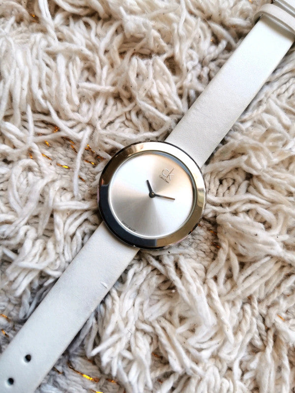  Shop Authentic Calvin Klein Chic White Dial White Leather Strap Watch for Women - K7N23TK2 - Luxxuri