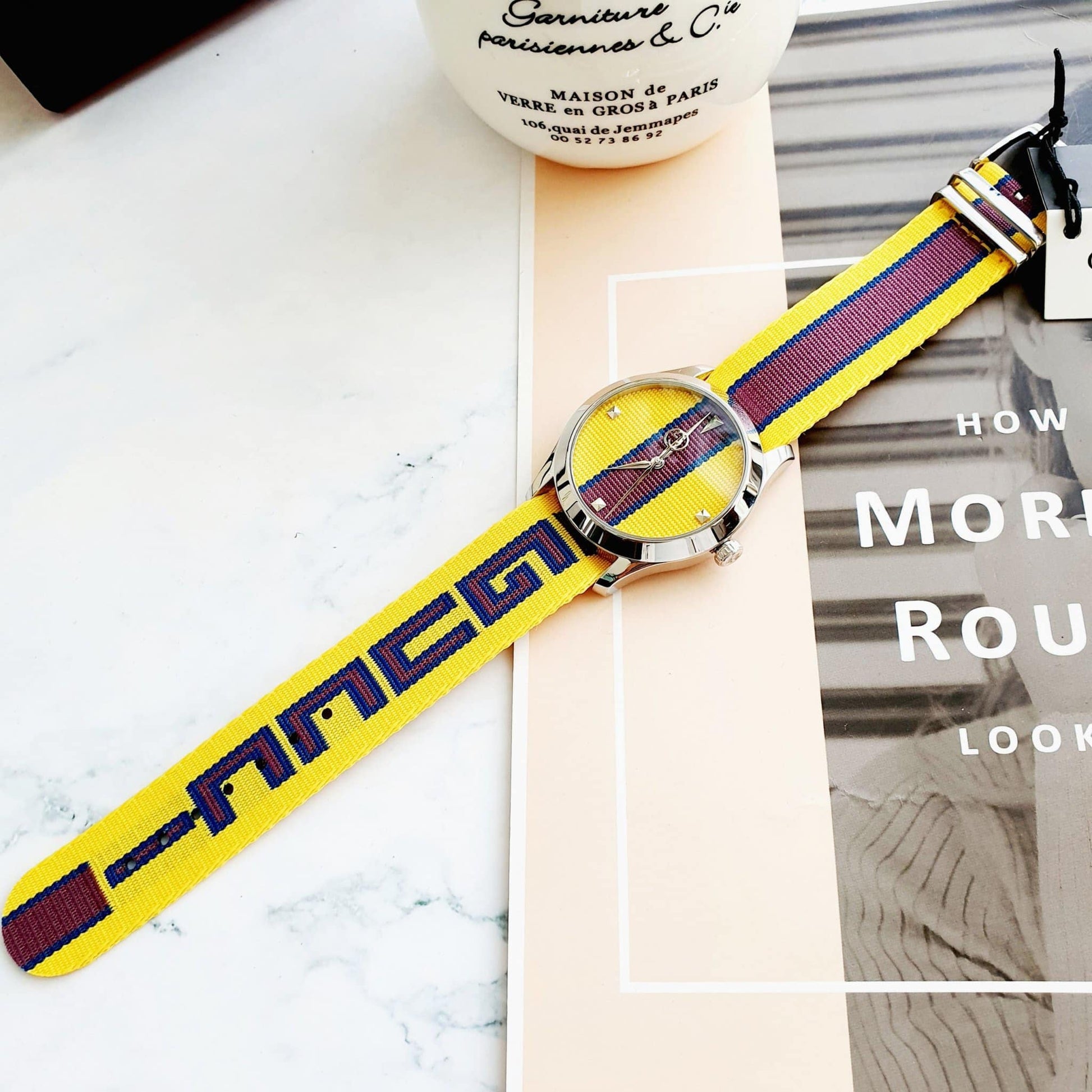 Shop Authentic Gucci G Timeless Quartz Yellow & Purple Dial Yellow & Purple NATO Strap Watch For Men - YA1264069 - Luxxuri