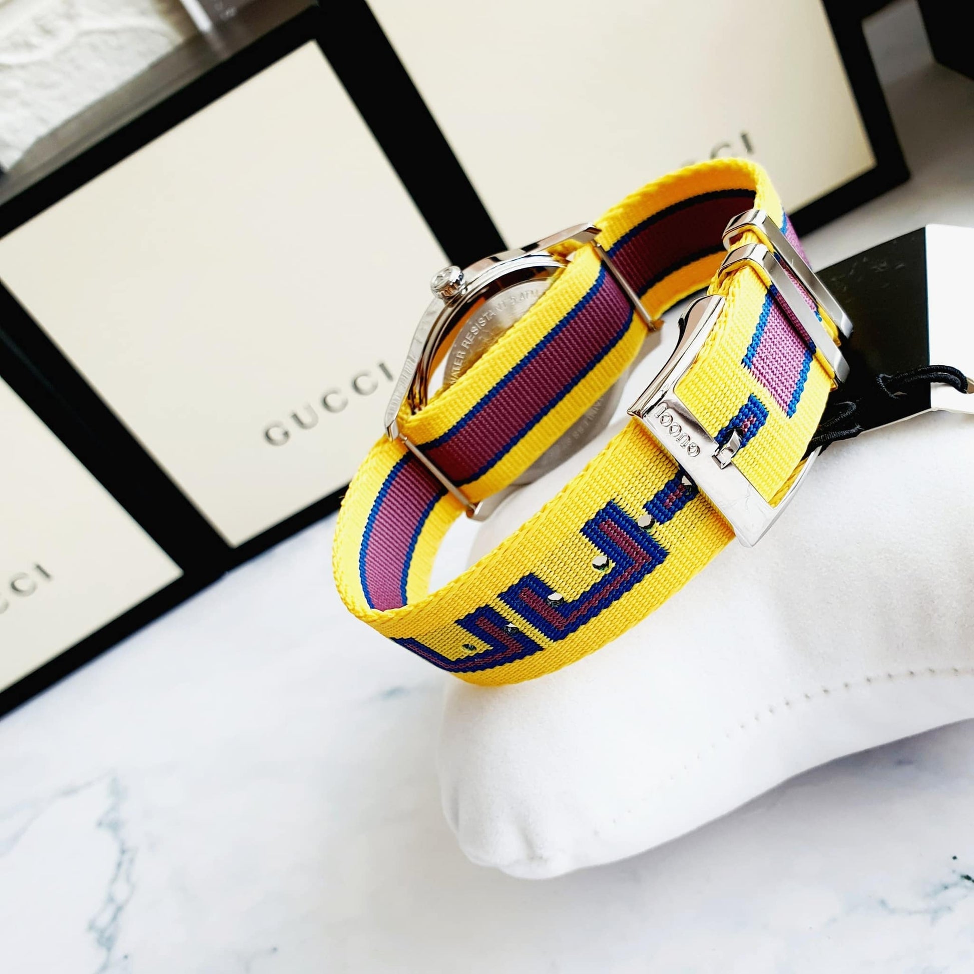  Shop Authentic Gucci G Timeless Quartz Yellow & Purple Dial Yellow & Purple NATO Strap Watch For Men - YA1264069 - Luxxuri