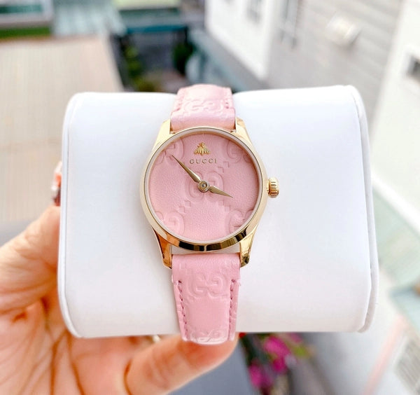  Shop Authentic Gucci G Timeless Quartz Pink Dial Pink Leather Strap Watch For Women - YA1265005 - Luxxuri