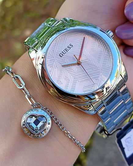Guess Cubed Analog Silver Dial Silver Steel Strap Watch For Women - GW0606L1