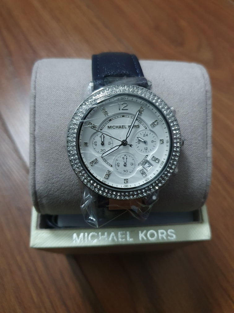  Shop Authentic Michael Kors Parker White Dial Navy Blue Leather Strap Watch for Women - MK2293 - Luxxuri