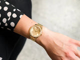  Shop Authentic Guess Tri Glitz Quartz Diamonds Gold Dial Gold Mesh Bracelet Watch For Women - W1142L2 - Luxxuri