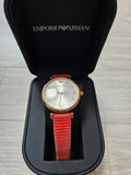  Shop Authentic Emporio Armani Gianni T Bar Silver Dial Red Leather Strap Watch For Women - AR1876 - Luxxuri