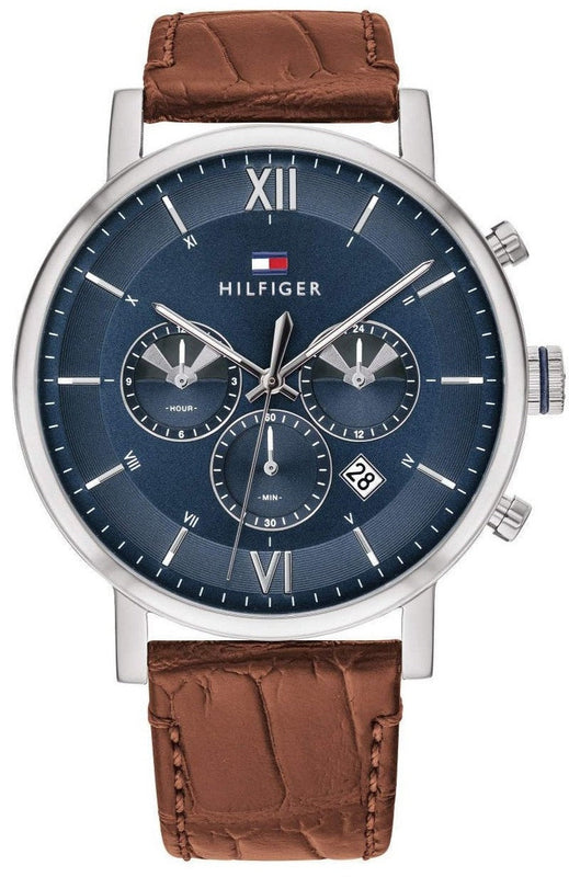  Shop Authentic Tommy Hilfiger Evan Chronograph Blue Dial Brown Leather Strap Watch for Men - 1710393 - Luxxuri