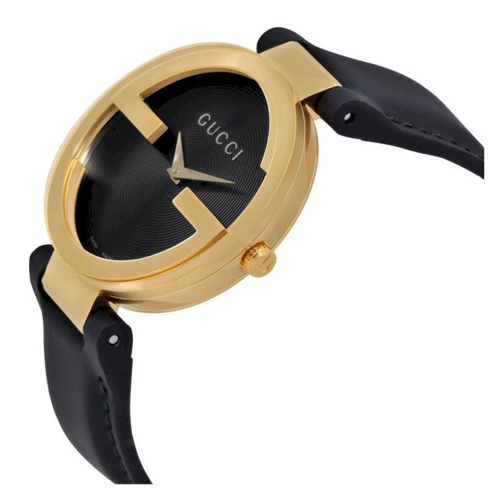  Shop Authentic Gucci Interlocking G Gold Black Dial Black Leather Strap Unisex Watch - YA133326 - Luxxuri
