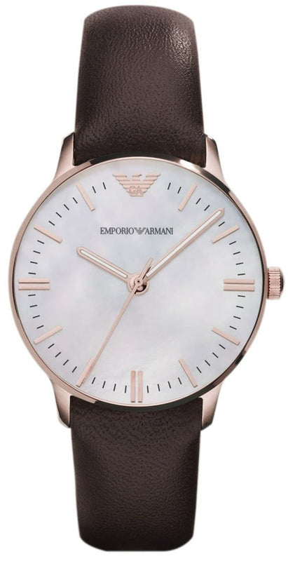  Shop Authentic Emporio Armani Classic Quartz Mother of Pearl Dial Brown Leather Strap Watch For Women - AR1601 - Luxxuri